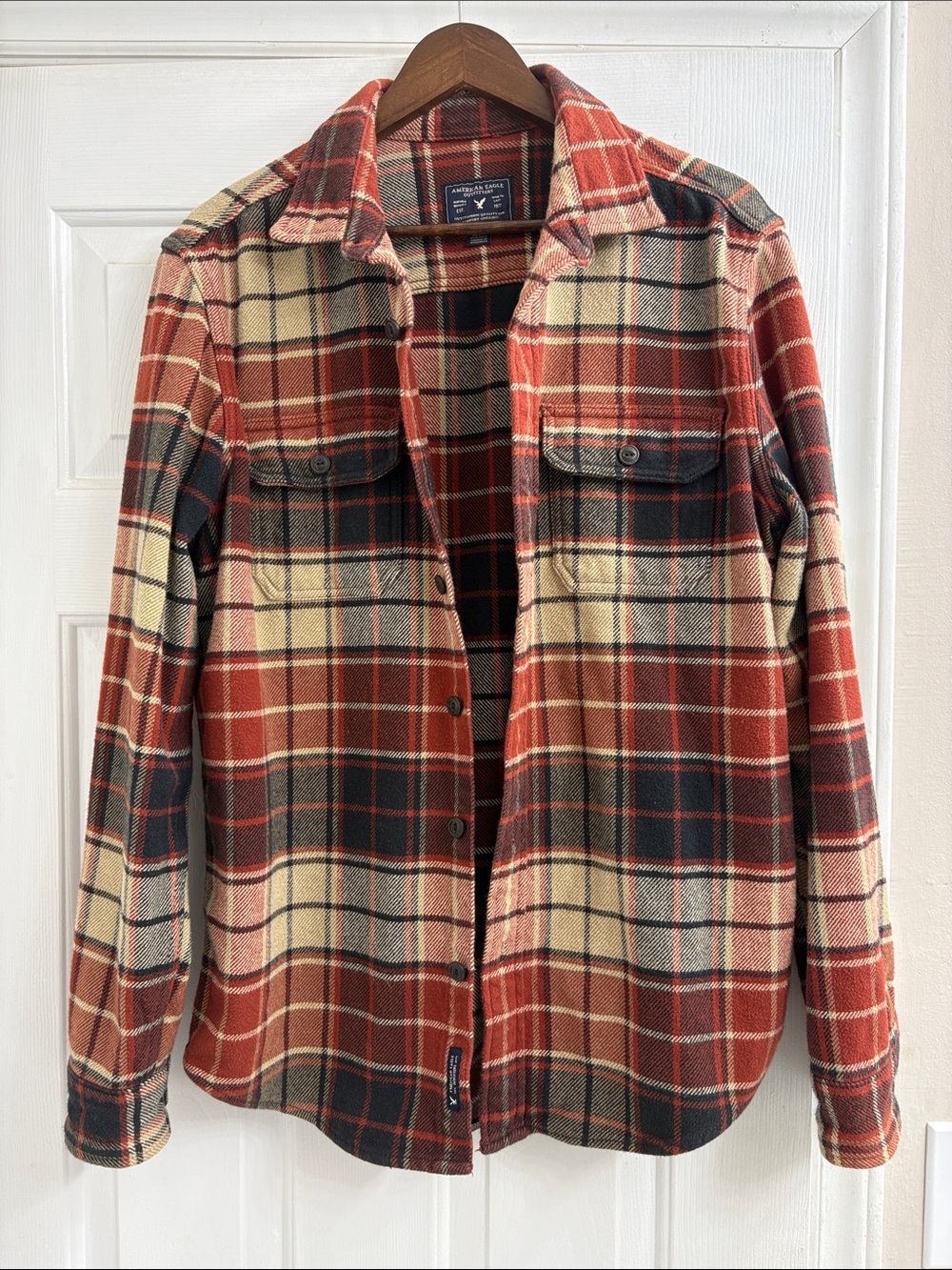 American Eagle Outfitters Red, Cream & Black Plaid Flannel Shirt